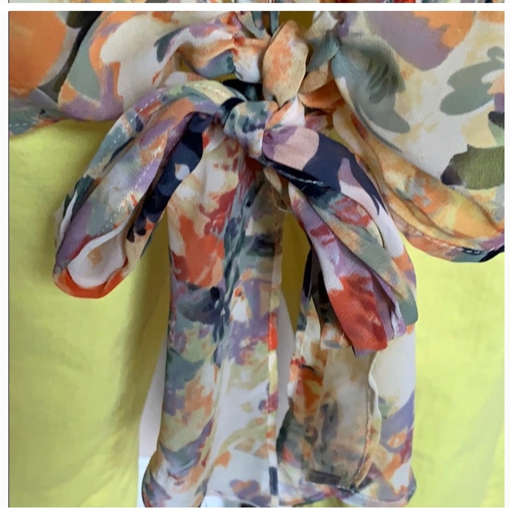Hilma Petite Watercolor Floral Chiffon Blouse LP Split Neck Tie Waist - Picture 4 of 7